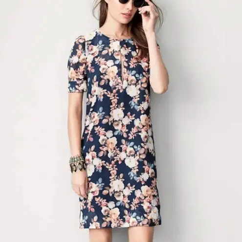 J.Crew ‎ Blue Floral 100% Silk Short Sleeve Keyhole Shift Dress Size 2