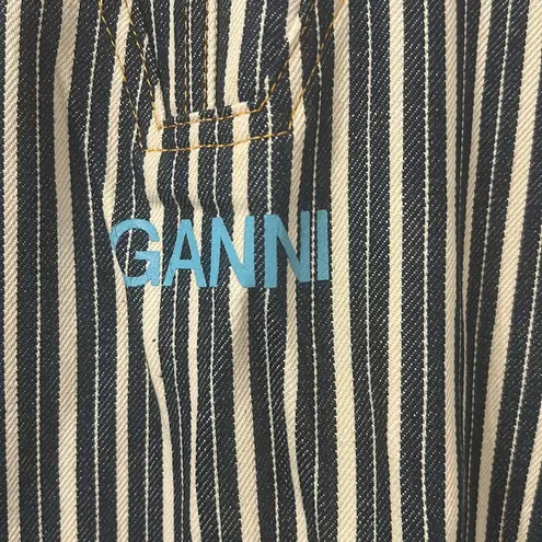 Ganni Blue White Mixed Stripe Pattern Zip Up Denim Jacket Size 38