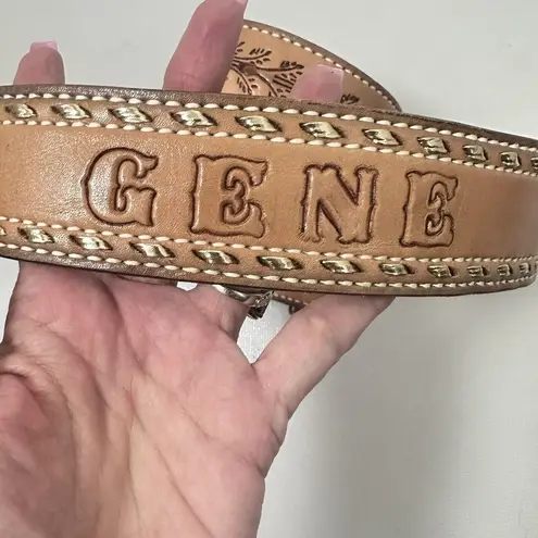Cowhide Belt Womens 34” Tan Gold Floral Tooled Leather Personalized Vintage