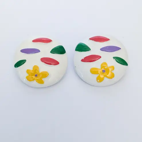 Vintage Clip On Earrings Whimsical Large Artsy Flower Design 1 & 1/8"