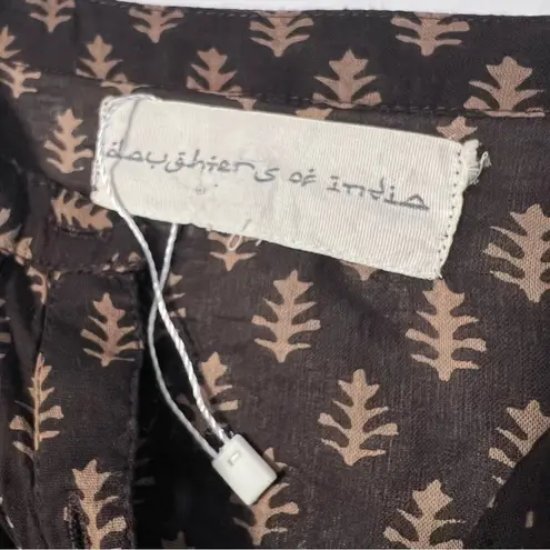 Daughters of India Prairie Dress Midi Button Front Tie Waist Coffee Brown Sz XS