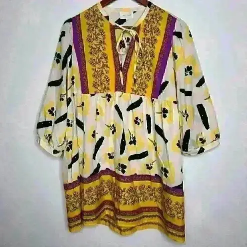 MELLODAY  Boho Colorful Floral Tunic with tie‎ neck Sz L