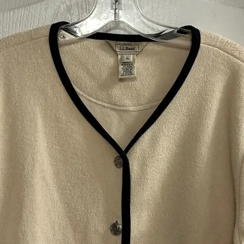 LL Bean Cream Fleece Cardigan Jacket Black Trim Button Front Pockets Large