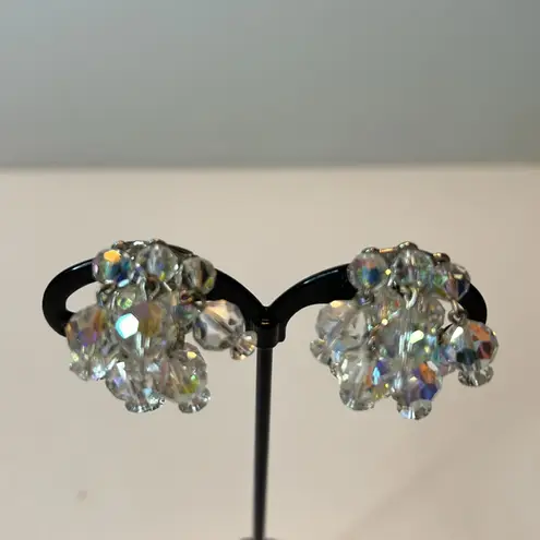 Vintage Laguna clip on earrings faceted clear aurora borealis cascading crystals