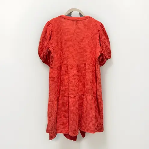 FRNCH Short Sleeve Tiered Mini Dress 100% Cotton Crinkle Beachy CORAL PINK Sz M