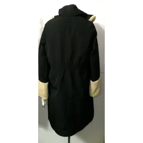 NWT $595 Jane Post S Womens Pile Lined Storm Coat Black Stone Tan Hood Faux Fur