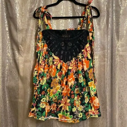 Free People  Bali Moroccan Flowers Black Colorful Tie Strap Tank Top Small NWOT