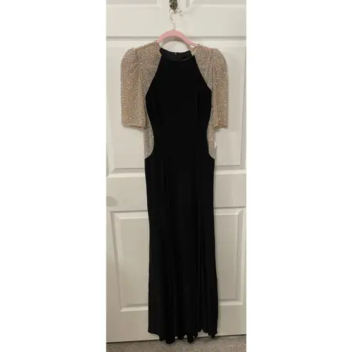 XScape Women's Crew Neck Black and Nude Beaded Illusion Slim Gown,10P