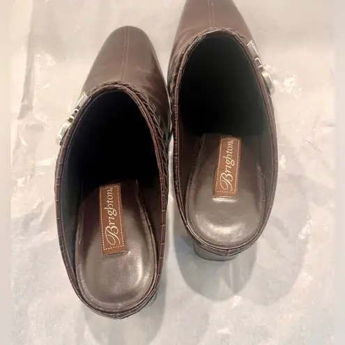 Brighton  Tapa Brown Leather Weave Strap Buckle Mules Croc Heel Pumps Size US 7.5