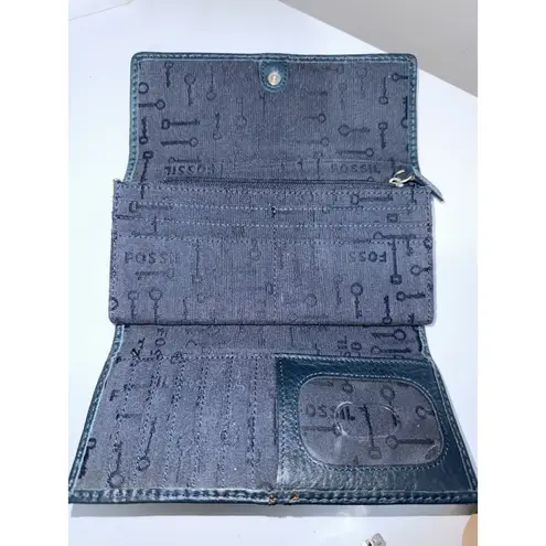 Fossil  Blue Leather Womens‎ Keyhole Wallet Trifold 12 credit card pockets Lock