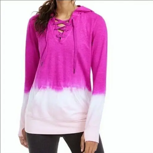 Ideology Womens Hoodie Sweatshirt Pullover Ombre Laced Bodice Long Sleeve Pink