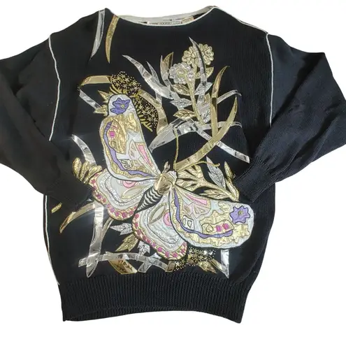 Bonnie Boerer Black Sweater Vintage 1987 Butterfly Appliqué Metallic Embroidery Size M