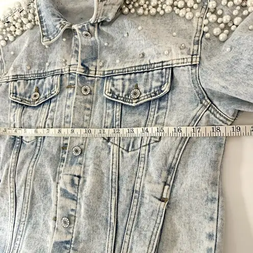 Pearls Beaded Denim Jacket Blue