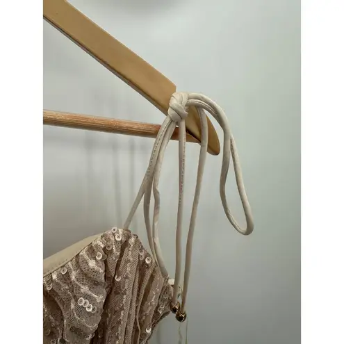 Angel Biba Womens Bodycon Mini Dress Size L Champagne Sequin Cocktail Gala Party