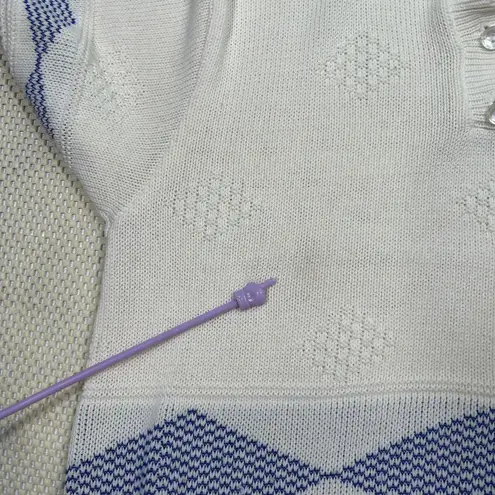 Vintage Knit Polo Shirt Diamond Pattern Short Sleeve Top Knitwear White Blue Size M