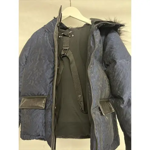 NEW Small Blanc Noir Jacquard Hooded Puffer Jacket Faux leather Shoulder strap Blue