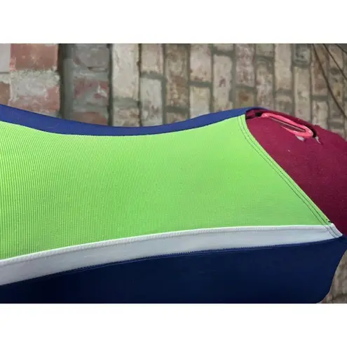 one piece swimsuit color blocked stripe ribbed blue white neon green 1990s Size L