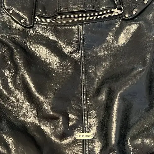 Perlina large black leather handbag 3 inside 1 outside zip pockets EUC