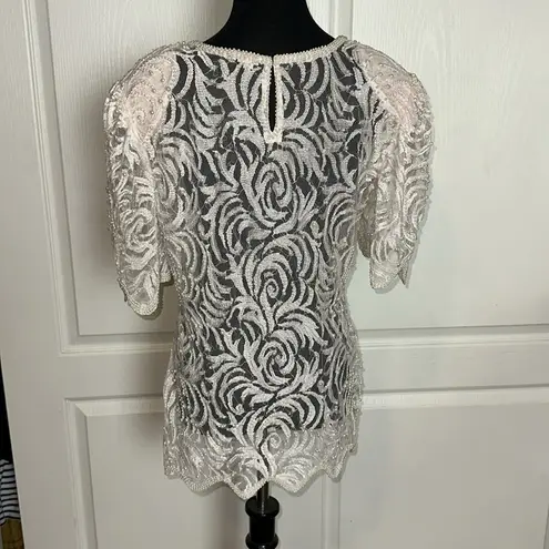 VTG 80s PEARL BEADED LACE SHEER BLOUSE Size M