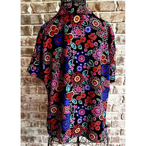 Elementz VTG  Blouse Woman 1X Black Floral Shirt Button Short Sleeves Psychedelic