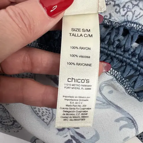 Chico's Chico’s Size S/M Kimono Floral Knit Trim Ruana Crochet Detail Blue Open Front