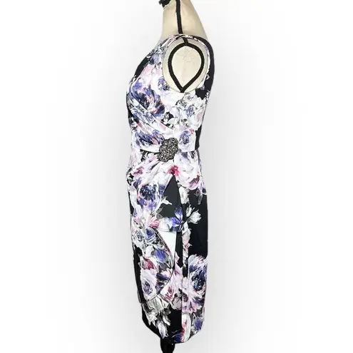 Alex Evenings Side Ruched Cocktail Dress Women's 8 Black Purple Floral NWOT