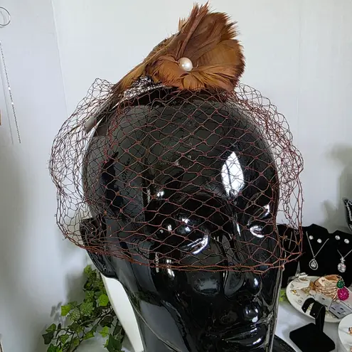 Boutique Brown Feather with Pearls and Face Netting Hair Clip / Brooch Pin