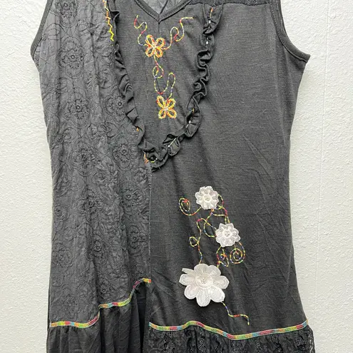 Vintage Syle Camisa Dress S/M Y2K Embroidered Whimsigoth Fairygoth 3D Floral Black