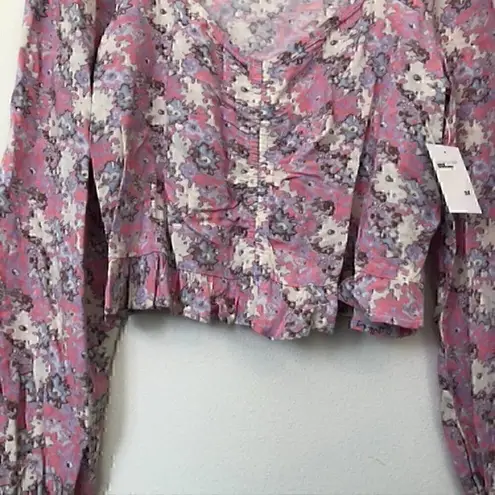 Abound NEW NWT  Cinched Floral Blouse Pink Cream Blue Long Sleeve Crop Top Medium