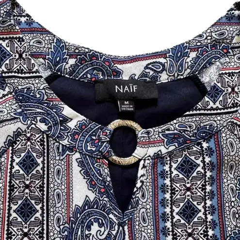 Naif Blue White Paisley Mixed Print 3/4 Sleeve Tie Accent Boho Dress Medium NEW