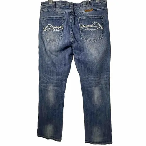 Cowgirl Tuff Ride Fearless Bootcut Women's Jeans Distressed Stretch Size 35x31 Blue