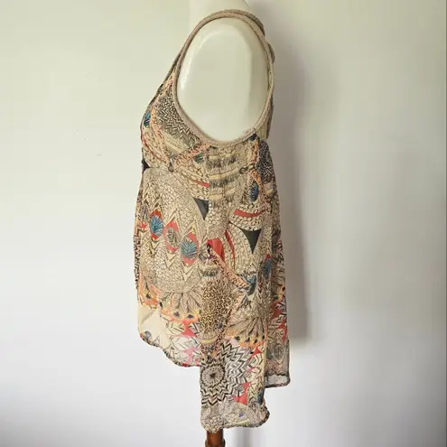 Modcloth  Doe & Rae Taupe Abstract Patchwork Braid Back High Low Tank Size Large