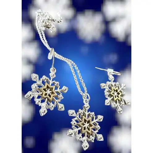 Snowflake Necklace Earrings Set 16" Chain New Reversible Festive Winter… Gold