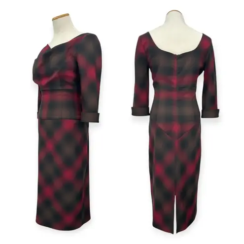 Black Halo | 4 / S | Jackie Plaid Print Cowl Neck 3/4 Sleeve Midi Sheath Dress