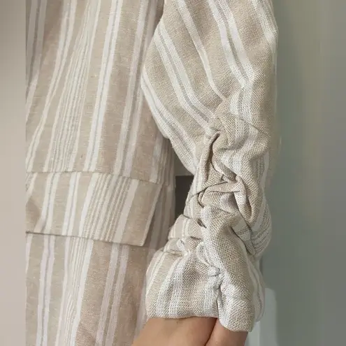 Ellen Tracy Linen Blend Striped Neutral 3/4 Sleeve Blazer Size Medium Coastal