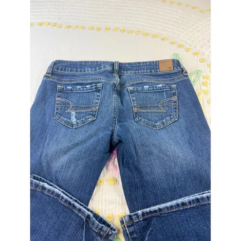 American Eagle Dark Wash Denim Jeans Womens Bootcut Distressed 4 long Blue