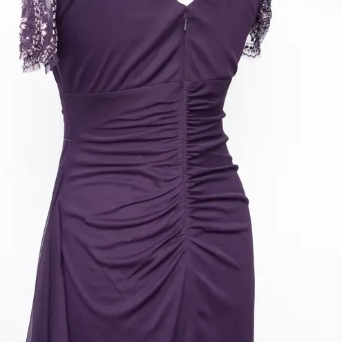 XScape Evenings. Petite "Lana" Long V-neck Beaded Flutter Sleeve Dress.