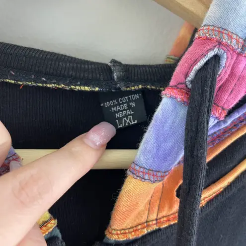 Y2K 90’s Black Rainbow Psychedelic Rip N Tear Wide Bell Sleeve Full Zip Hoodie Size L