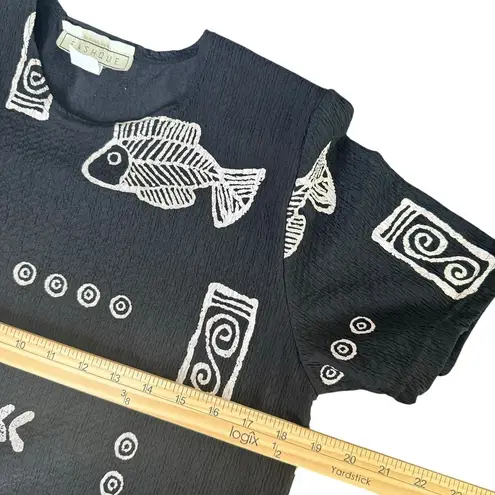 Artsy BOHO Black Top Women Size S Fish Doodle Print Crinkle Art To Wear Fashque