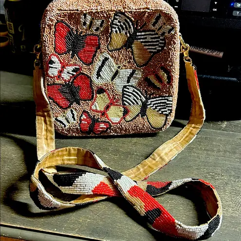 Moyna New York Butterfly Fully Beaded Square Crossbody Bag with Removable Strap Black