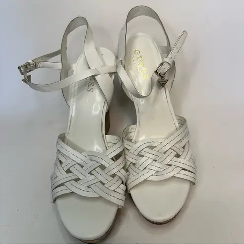 Guess Women's  Wedge White Sandals Cork Heel Strappy Woven Shoes 8.5 Logo Charm