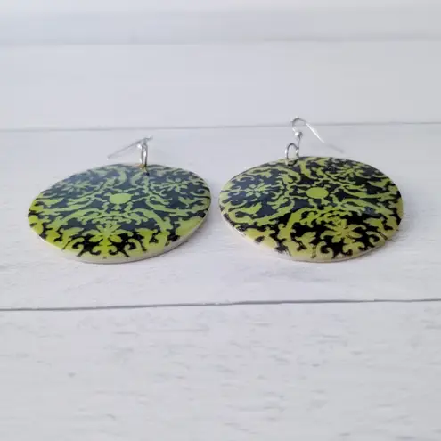 Vintage Dangle Earrings Extra Large Painted Shell Green & Black