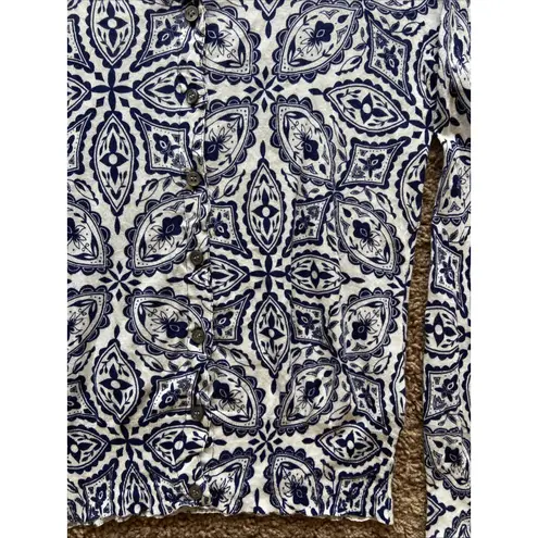 Jigsaw White Allover Navy Blue Floral Geometric Button Front Cardigan Sweater