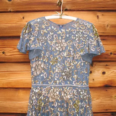 Mac Duggal 5717 Womens Blue Embellished Butterfly Sleeve High Neck Gown