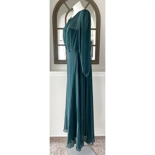 Dessy Strapless Chiffon Maxi Dress w/Puff Sleeve Blouson Overlay, Evergreen Sz14 Size 14
