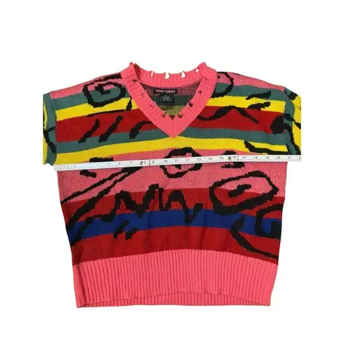 Trendy Threads Retro Multicolored Distressed Vneck Sweater Sz XL Pink