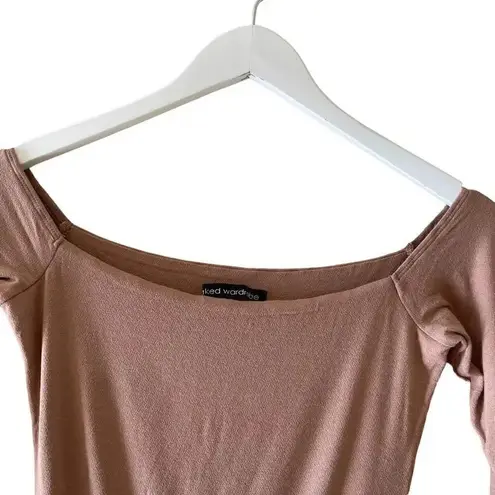 Naked Wardrobe Long Sleeves Latte Tan Womens Body Suit Top Soft SZ L #1664