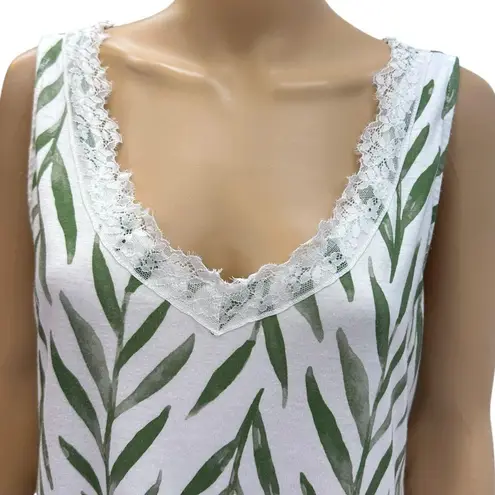 Noracora White Green Leaf Foliage Print Sleeveless Lace Accent V Neck Midi Dress Size L