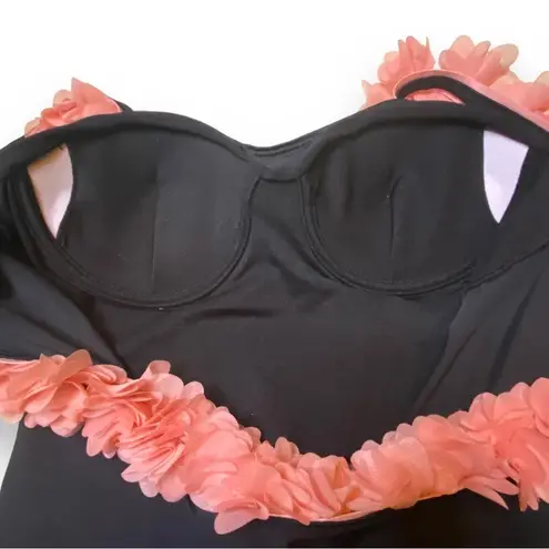 Goodnight Macaroon Floral Ruffle Detail Black One Piece Swimsuit