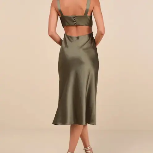 Lulus  Unmatched Elegance Olive Green Satin Sleeveless Midi Cutout Dress - Size S